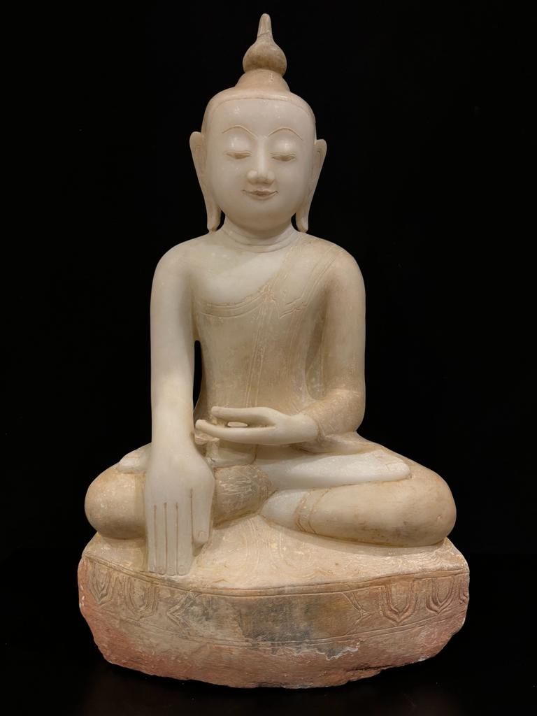 A beautiful marble seated Buddha in Bhumisparsha mudra- calling the earth to witness- 7605